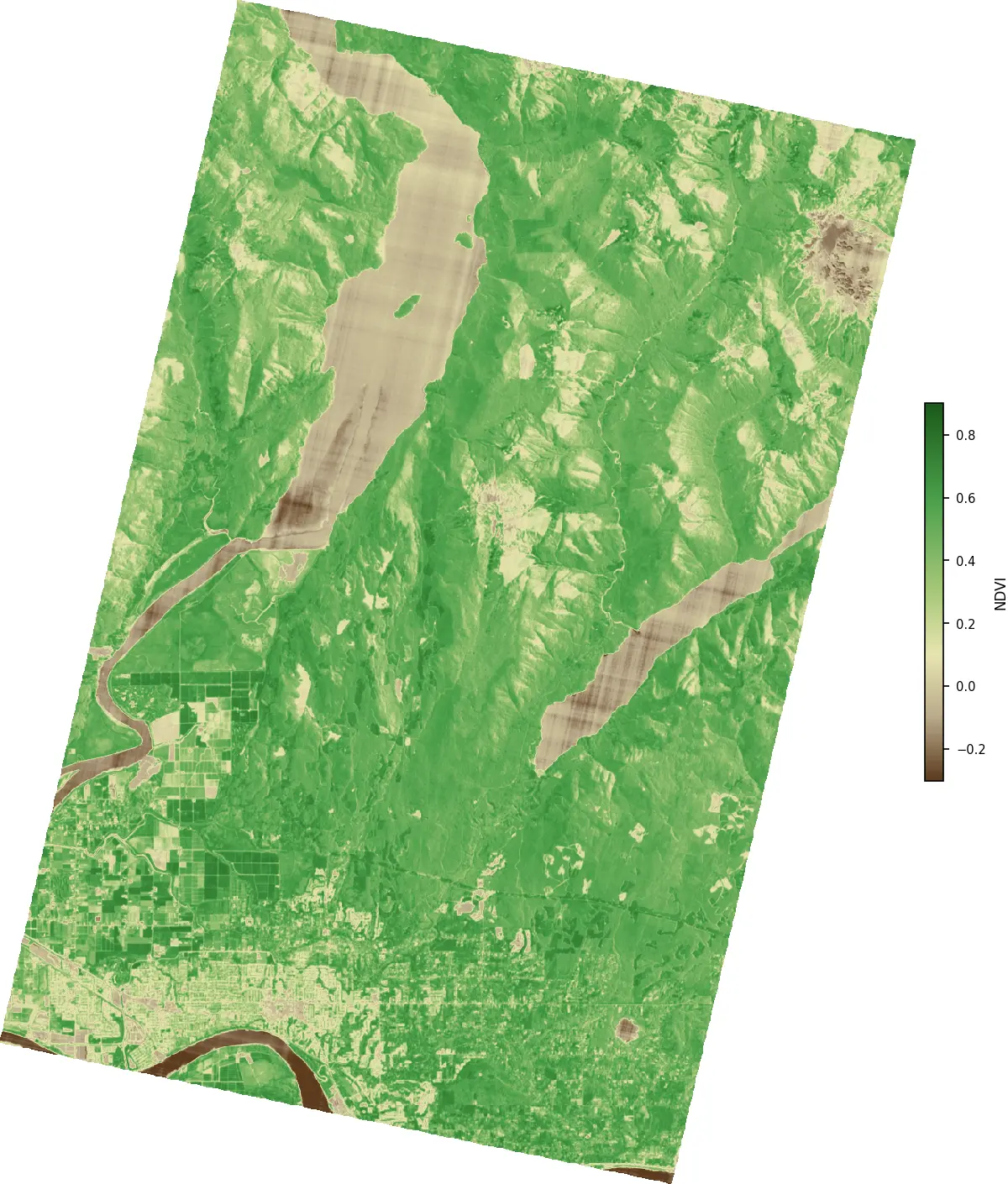 NDVI derived from Dragonette-002 bands at 669 nm and 799 nm, Maple Ridge BC, July 2025. Dark green = dense forest (NDVI ~0.85), yellow-green = cropland/sparse vegetation, brown = water and built-up (negative to near-zero).